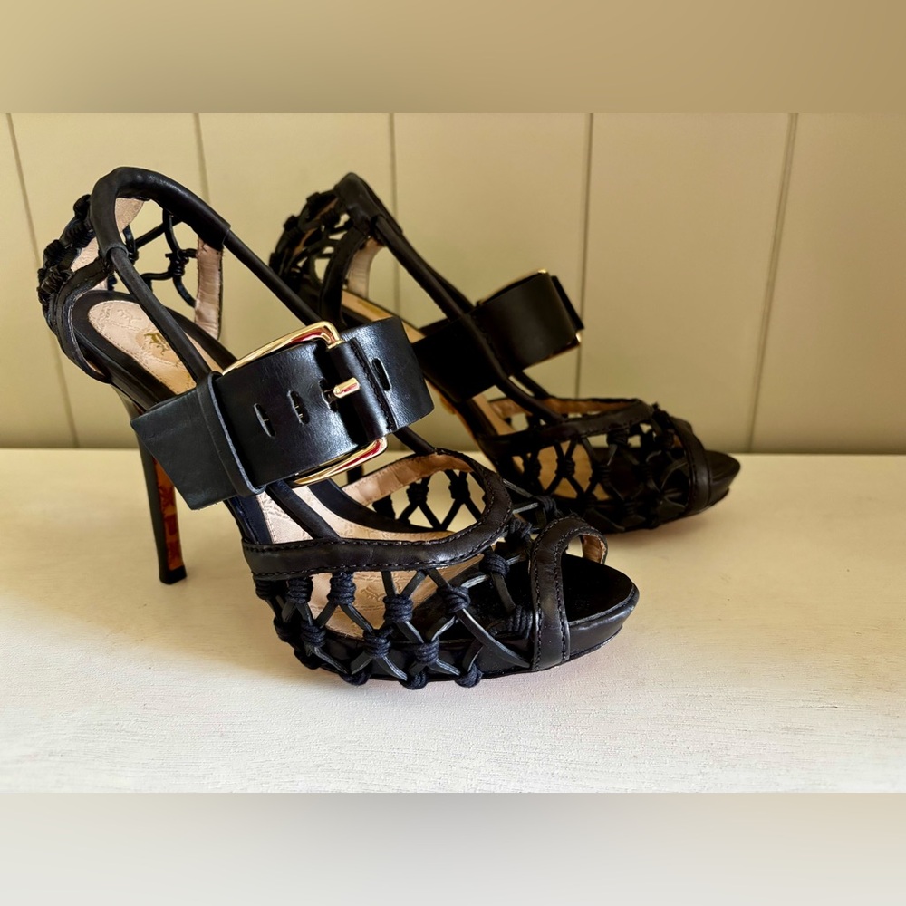 L.A.M.B. Black Woven Leather High Heel Sandals with Buckle